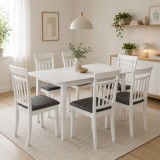 Set masa living extensibila Miami, MDF, lemn masiv, 120 150 x 80 x 73.8 cm si 6 scaune, lemn masiv Hudson, tapiterie stofa,100 kg, 94x50x42 cm, alb gr