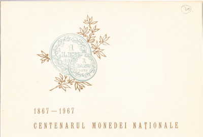 TSV$ - CARNET ANIVERSARE FILATELICA 1967 LP 646 CENTENARUL MONEDEI NATIONALE foto