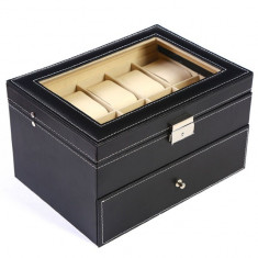 Cutie caseta eleganta depozitare cu sertar si compartimente pentru 20 Ceasuri, negru foto