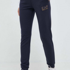 EA7 Emporio Armani pantaloni de trening femei, culoarea albastru marin, cu imprimeu