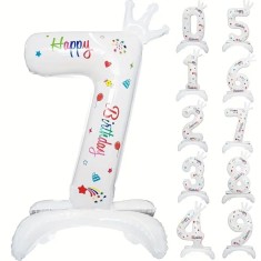 Balon din Folie Metalizata, Cyrax, Figurina Cifra, Model 7 cu Happy Birthday Scris, Tema Aniversare 81 cm, Ambalaj Individual, Pai Inclus, Umflare cu
