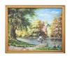 Tablou vechi pictat manual inramat, Peisaj din natura, cu barca pe lac, 130x105cm ulei pe panza