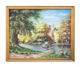 Tablou vechi pictat manual inramat, Peisaj din natura, cu barca pe lac, 130x105cm ulei pe panza