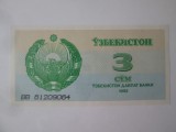 Bancnota Uzbekistan 3 Sum 1992 UNC - Bancnote Asia