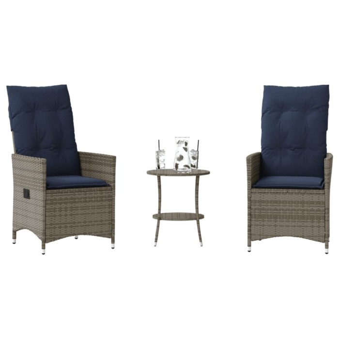 vidaXL Set bistro 3 piese cu perne, gri, poliratan