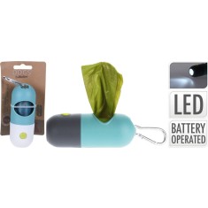 Dispenser saci pentru caini cu lanterna LED, cu carabina, functionare pe baterii