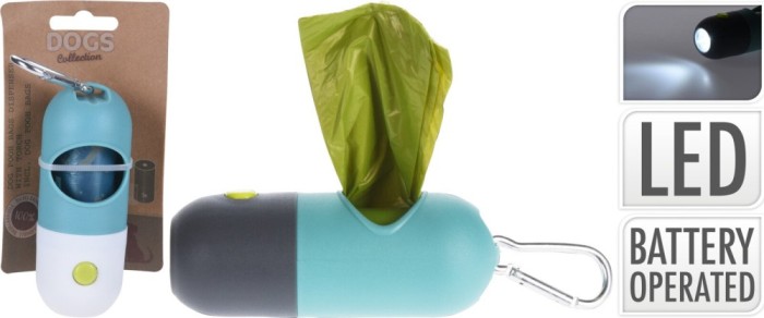 Dispenser saci pentru caini cu lanterna LED, cu carabina, functionare pe baterii