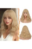 Perucă de lungime medie cu șuvițe, 46 cm, păr sintetic ondulat - blond căpșună