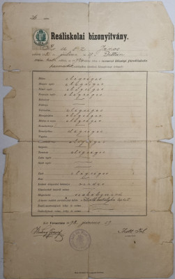Certificat scoala reala in limba maghiara Detta Deta 1898 foto