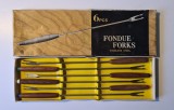 Set 6 Furculite vintage retro Fondue Forks din otel inoxidabil &amp; maner lemn nobil rosewood/teak, rezistente caldura; servire vas fondue, platou gratar