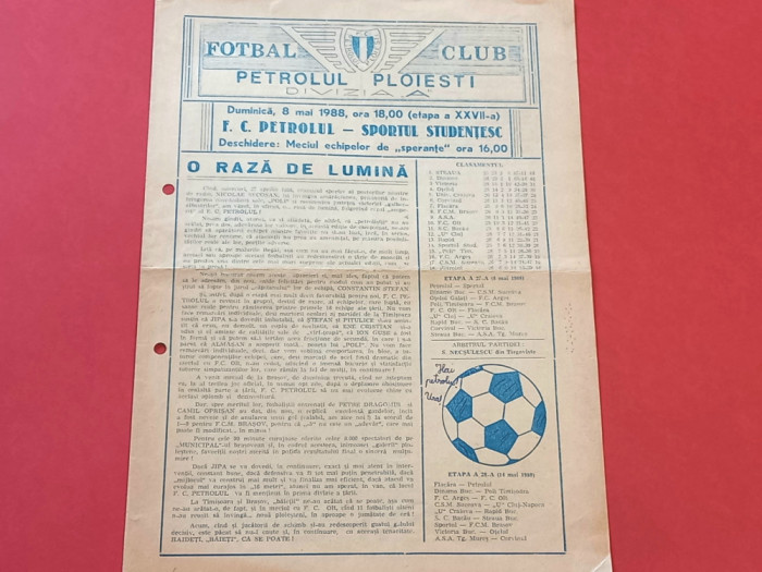 Program meci fotbal PETROLUL PLOIESTI - SPORTUL STUDENTESC BUCURESTI(08.05.1988)