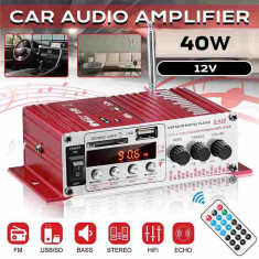 MINI amplificator auto, stereo, 12V, 40 W, radio FM, citire USB sau card SD, cu telecomanda foto