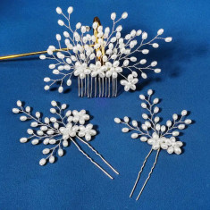 Set accesoriu par stil pieptene si agrafe de par argintii, cu perle, Daria