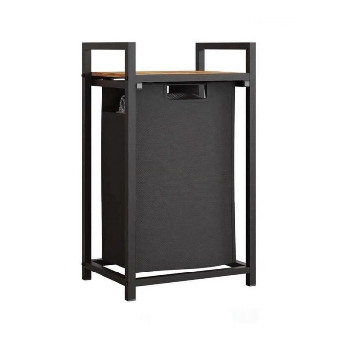 Cos de rufe metalic negru cu raft din lemn 50 x 32.5 x 71 cm &ndash; 45 L, compact si practic
