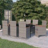 Set mobilier gradina vidaXL 9 piese, gri, ratan PE, perne incluse, masa 200x100cm, scaune reglabile, blat sticla