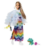 Barbie Extra - Papusa cu rochie curcubeu si animal de companie crocodil (model #9), Mattel