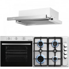 Pachet Cuptor electric Incorporabil Hausberg HB-8053IN, Clasa A, 71L, 2225W, Negru/Inox, Plita incorporabila HB-556IN, Gaz, 4 arzatoare, Gratar din fo