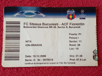 Bilet meci fotbal STEAUA BUCURESTI - FIORENTINA (Champions League 10.12.2008) foto