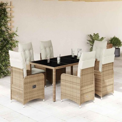 vidaXL Set bistro de grădină, 7 piese, cu perne, bej, poliratan 3277099 foto