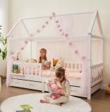 Set decorativ pentru pat de copii, muselin bumbac organic, 150x340 cm, roz, 3 piese