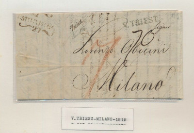 Italy 1819 Postal History Rare Stampless Cover Trieste to Milan DG.029 foto