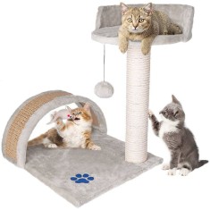 Ansamblu de joaca multifunctional pentru pisici, 2 nivele, funie sisal, inaltime 50 cm, gri