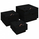 Cutii de depozitare cu capace 3 buc. negru lemn masiv de pin