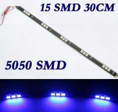 Banda led, de culoare albastra, 30 cm, 15 led-uri smd 5050, rezistenta la apa foto