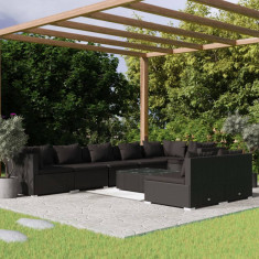 vidaXL Set mobilier de grădină cu perne, 9 piese, negru, poliratan