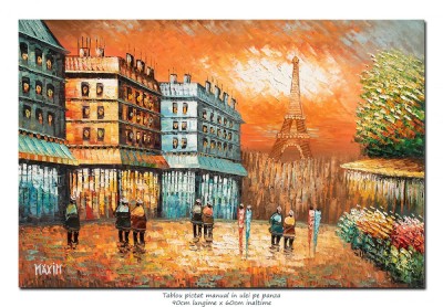 Tablou pictat manual, Paris - vedere turnul Eiffel (2), stilizat, 90x60cm ulei in cutit efect 3D foto