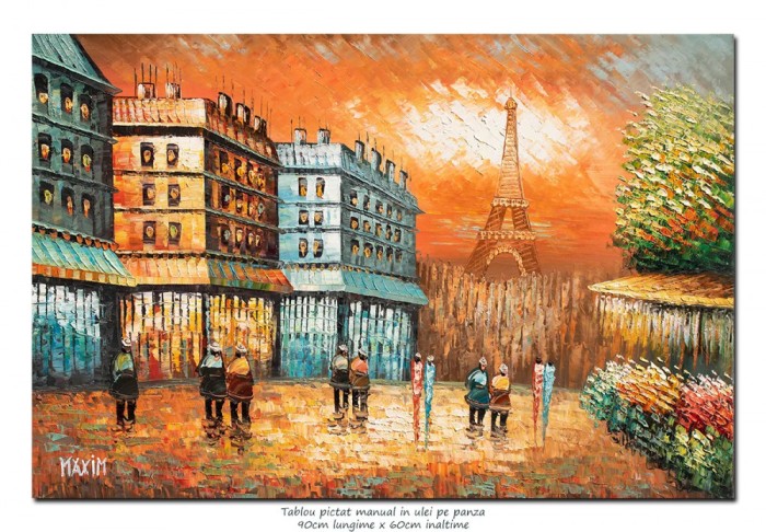Tablou pictat manual, Paris - vedere turnul Eiffel (2), stilizat, 90x60cm ulei in cutit efect 3D