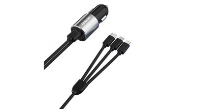 Dudao 3in1 &amp;icirc;ncărcător auto USB, 3,4 A, cablu &amp;icirc;ncorporat Lightning / USB tip C / micro USB, negru (R5ProN-negru) foto