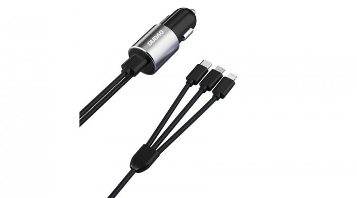 Dudao 3in1 &icirc;ncărcător auto USB, 3,4 A, cablu &icirc;ncorporat Lightning / USB tip C / micro USB, negru (R5ProN-negru)
