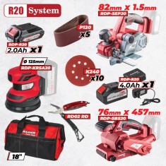 Set scule Raider Pro R20 20V cu 3 masini, 2 acumulatori si accesorii