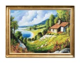 Cumpara ieftin Tablou inramat peisaj de vara priveliste catre lac pictat manual, Colt de rai, 80x60cm ulei pe panza Constantin Feraru