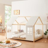 Pat casuta copii design semi deschis Tostedt 140x200 cm brad efect lemn alb [en.casa] HausGarden Leisure