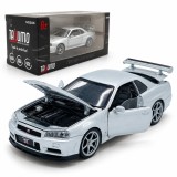 Cumpara ieftin Macheta Nissan GT-R R34 V-Spec II argintiu, cu lumini, sunet si pull-back, scara 1:32, Tayumo