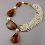 Cumpara ieftin Colier Perle Cultură, Chihlimbar Mexican Amberia, Argint 925 Placat Aur, 50cm, Handmade Italia