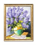 Cumpara ieftin Tablou vaza cu liliac si carte, pictat manual inramat, 55x45cm ulei pe panza, Constantin Feraru