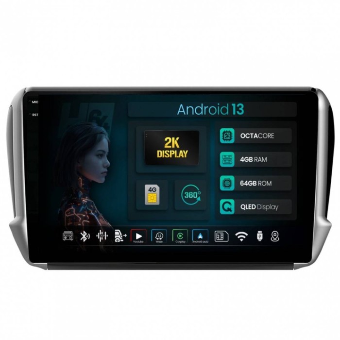 Navigatie 2K Peugeot 208 2008 (2012+) 4GB RAM Android 13 Octacore Slot Sim 4G DSP GPS Wi-FI Carplay Android Auto USB Bluetooth Waze Touchscreen 10.36