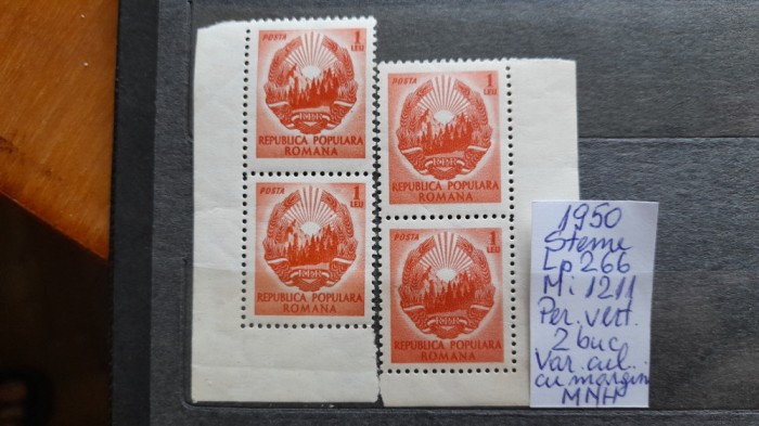 1950-Rom.-Steme-Lp266-Mi1211-per.vert.var.de cul. colt de coala-guma orig.-MNH