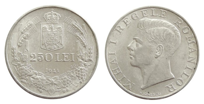 v196 ROMANIA 250 LEI 1941 Totul Pentru Tara TPT ARGINT APROAPE NECIRCULATA aUNC