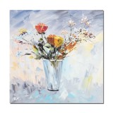 Tablou pictat manual hol, living, dormitor, Vaza cu flori, 50x50cm ulei pe panza in cutit efect 3D, gata de agatat pe perete
