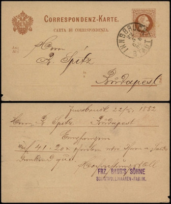 Austria 1882 Old postcard Postal stationery Innsbruck to Budapest DB.012 foto