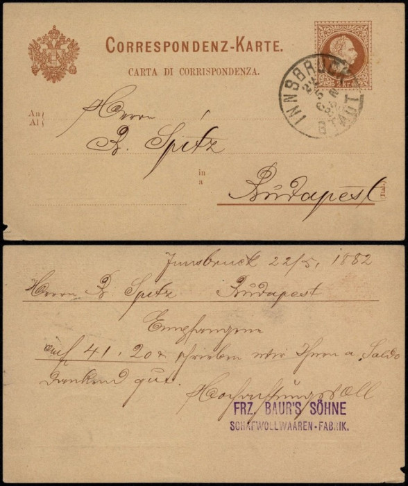 Austria 1882 Old postcard Postal stationery Innsbruck to Budapest DB.012