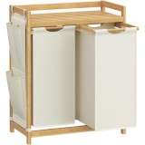 SONGMICS Cos rufe cu 2 compartimente si raft superior din bambus,2 x 50 litri,saci detasabili,63x33x98 cm,maro natur