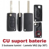 Carcasa cheie briceag Topautochei&amp;#174; 3 butoane lumini, CU suport baterie, lamela VA2, compatibila cu Peugeot 307 308 407 si Citroen C4 C5