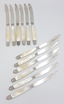 Superb set 12 cutite fine din argint si sidef natural art nouveau Franta sec.XX foto