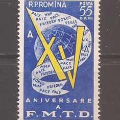 România 1960 - LP 509, A XV-a aniversare a Fed. Mondiale a Tin. Democrat, MNH