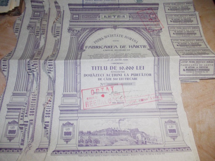 LOT 12 ACTIUNI : FABRICA DE HARTIE LETEA , TITLU DE 10.000 LEI ~ 1939